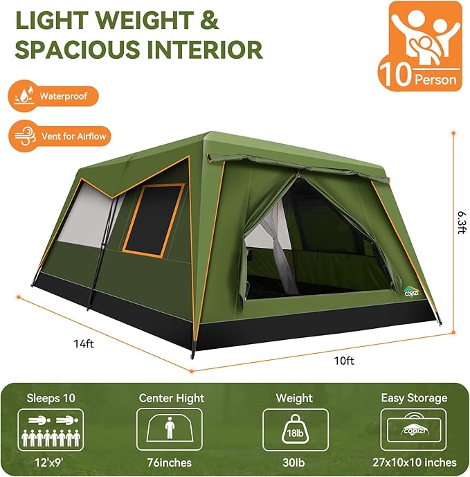 COBIZI 4-6-8-10 Person Camping Tent, Spacious Family Tents for Camping Ideal, Hiking, 3500mm Waterproof Double-Layer Windproof Tent for Hiking & Backpacking