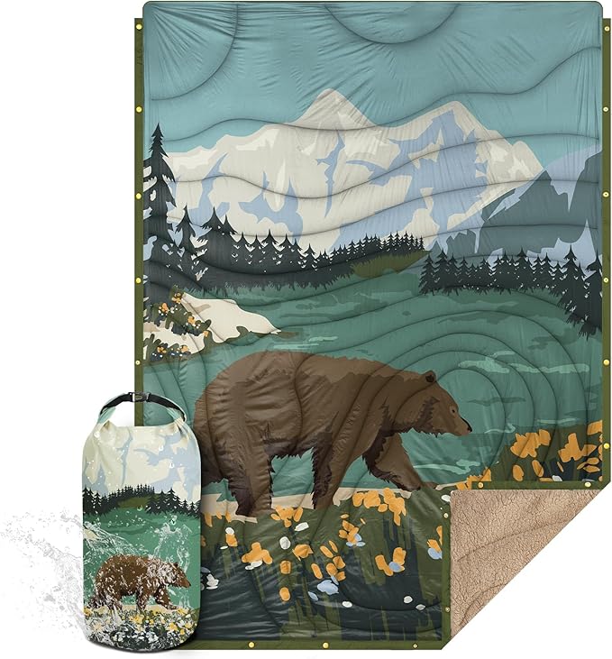 Outdoor Camping Blanket with Sherpa Lining, Extra Warm Thick Camp Blankets and Puffy Ultralight Soft Poncho DWR Camping Quilt for Cold Weather, Adventure, Sleeping, Backpacking 78"x 56"