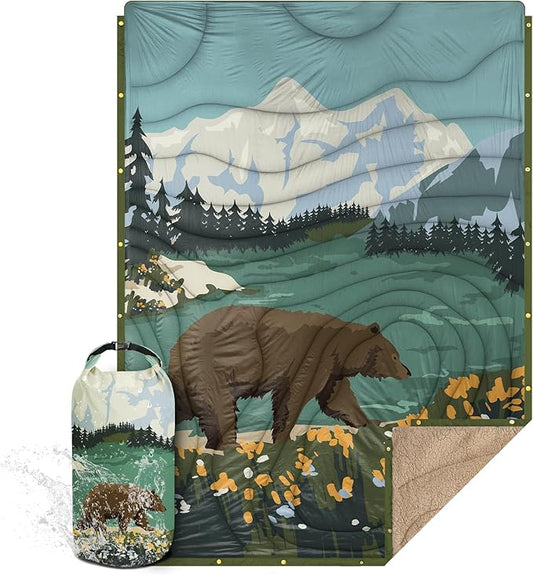 Outdoor Camping Blanket with Sherpa Lining, Extra Warm Thick Camp Blankets and Puffy Ultralight Soft Poncho DWR Camping Quilt for Cold Weather, Adventure, Sleeping, Backpacking 78"x 56"