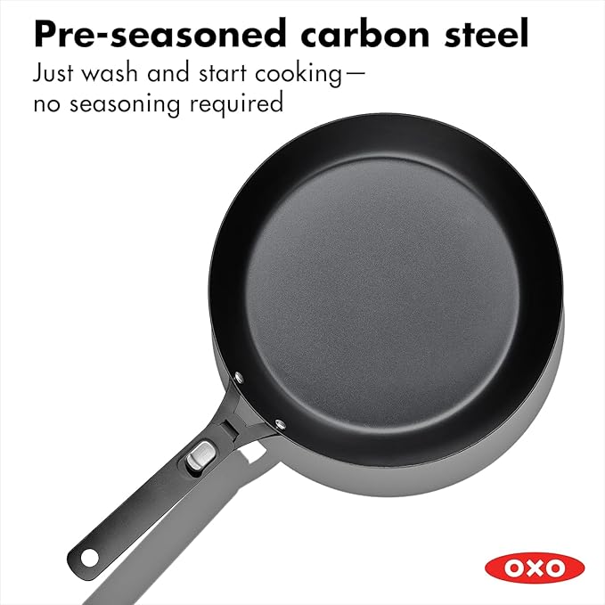 OXO Outdoor Pre-Seasoned Carbon Steel 12" Frying Pan Skillet, Detachable Handle for Easy Storage, Indoor Use, Nonstick with Use, Induction Suitable,Oven & Broiler Safe,Browning, Grill,Sear,Saute,Black
