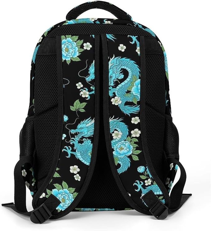 Nurse Teacher Travel Backpack Light Blue Flowers Cool Dragons Floral Purse, Cute Laptop Backpack with Tumbler Holder for Women College Work Casual Daypack