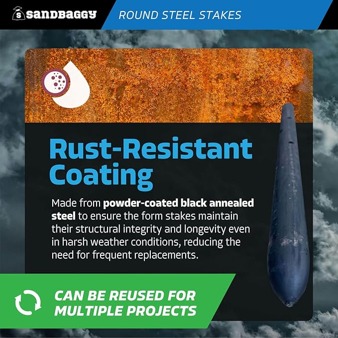 Sandbaggy Round Steel Concrete Form Stakes with Nail Holes - Rust Resistant Coating - Removable, Reusable (10, 3/4 in X 12 in)