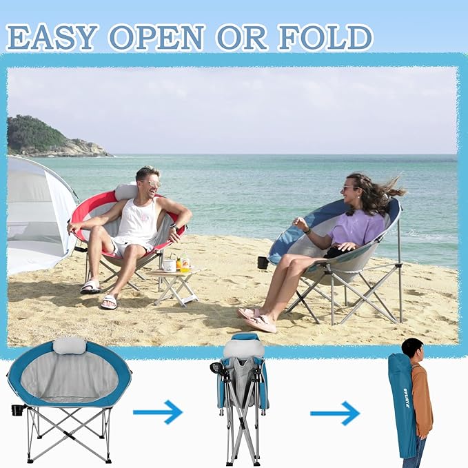 #WEJOY Folding Camping Chair Oversized Moon Chairs for Adult Support Up to 300lbs Mesh Saucer Chairs with Headrest and Cup Holder for Camping,Lawn,Hiking,Picnic,Sports(Cyan/Grey)