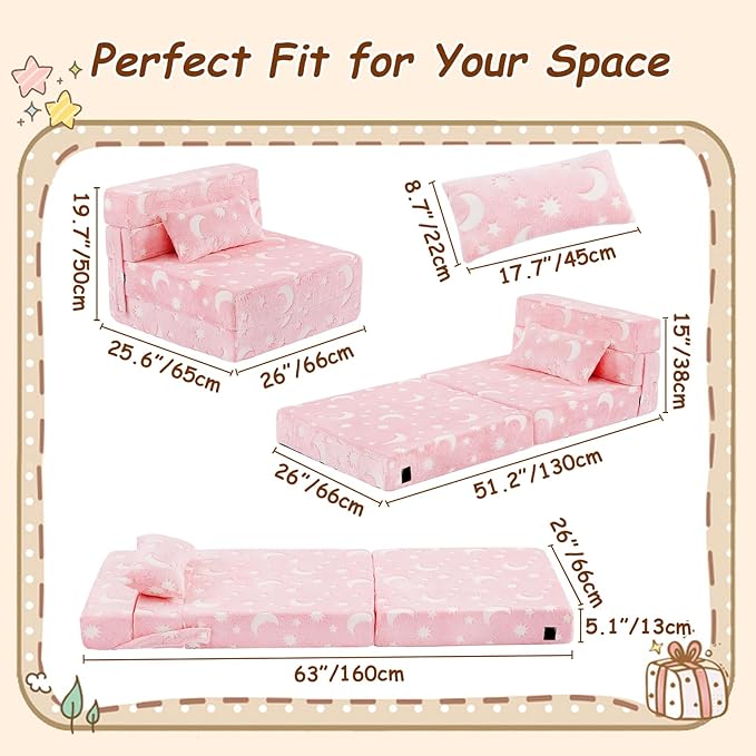 Folding Sofa Bed Floor Mattress for Kids with Pillow, Toddler Glow in Dark Washable Folding Floor Mat for Daycare, Child Foldable Futon Chair with Storage Bag for Playroom, Camping, Pink Moon