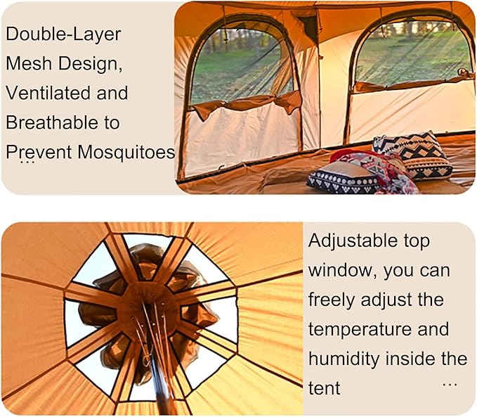 Outdoor Waterproof Cotton Canvas Tent, 4 Season Family Camping Bell Tent 8-10 Person with Stove Jacks for Glamping and Festivals and Human Shelter for Inhabiting or Leisure(Brown)