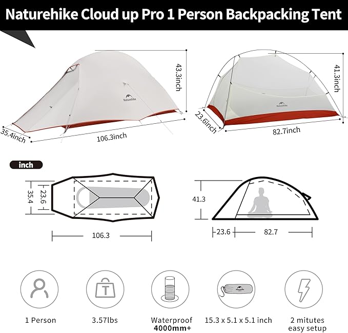 Naturehike Cloud Up 1 Person Tent, Lightweight Backpacking Tents for One Man, Waterproof Ultralight One Person Tent for Camping Hiking Backpacking
