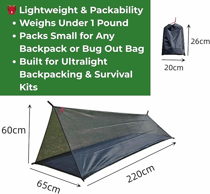 Ultralight 1-Person Bug Bivy Tent – No-See-Um Mesh Shelter with Waterproof Floor for Backpacking, Camping, Bushcraft, Survival & Emergency Bug Out Bags
