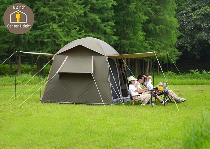 Three Bears 6-Person Tent, 3000mm Waterproof Double-Layer Tent with Room Dividers, Family Tent with Color-Coded Connection Buckles, Front and Rear Vestibules Can Be Set Up as Sunshade Canopies