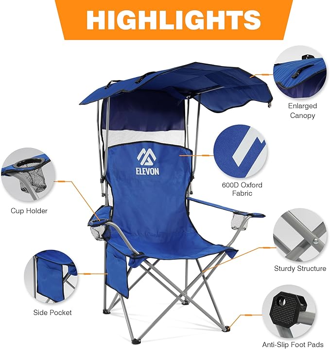 Elevon Camping Chair, Oversized Folding Chair with Canopy, Portable Outdoor Chair with Arms, Cup Holder and Carry Bag for Camping, Fishing, Beach, and Sports, Sky Blue