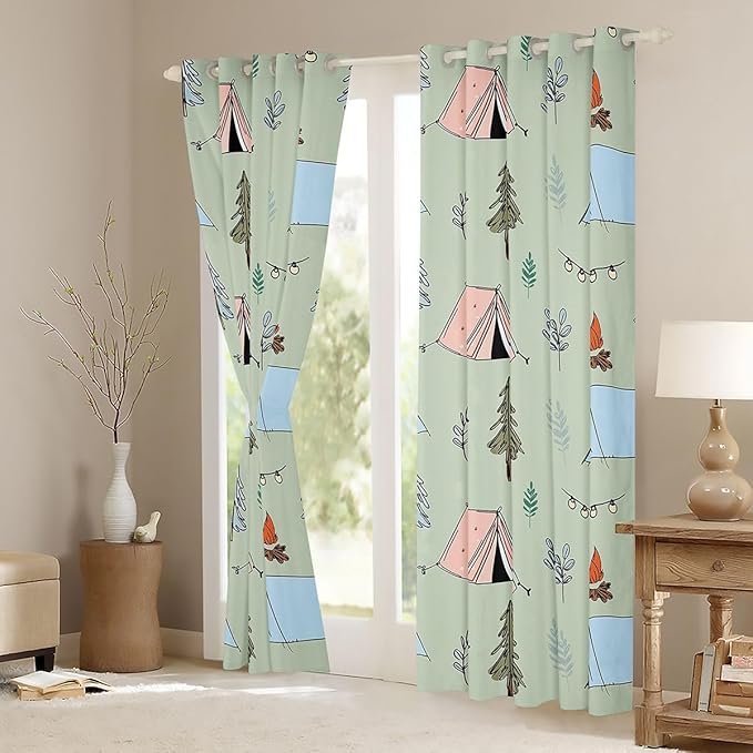 Feelyou Cute Green Camping Camper Blackout Curtains Campfire Tent Darkening Drapes for Bedroom Living Room Decor Happy Camping Thermal Insulated Shades Window Treatments, 2 Panels 42 x 84 Inch