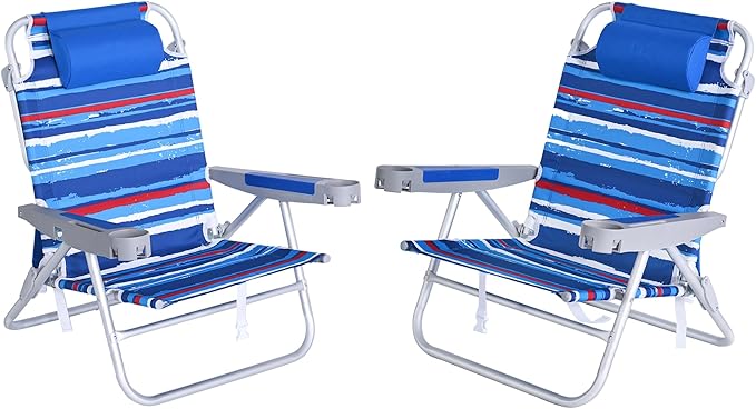 SUNNYFEEL Extra Wide Low Beach Chair 2 Pack 5 Position Lay Flat 500 LBS Heavy Duty, XL Oversized Folding Camping Chairs with Cup Holder for Outdoor/Sand, Portable Backpack Beach Chair for Adults