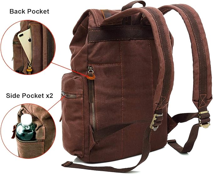 HuaChen Vintage Canvas Travel Backpack with Leather Trim, Laptop Padded Sleeve, Hidden Back Security Pocket, Fits 14-Inch, M32 Khaki