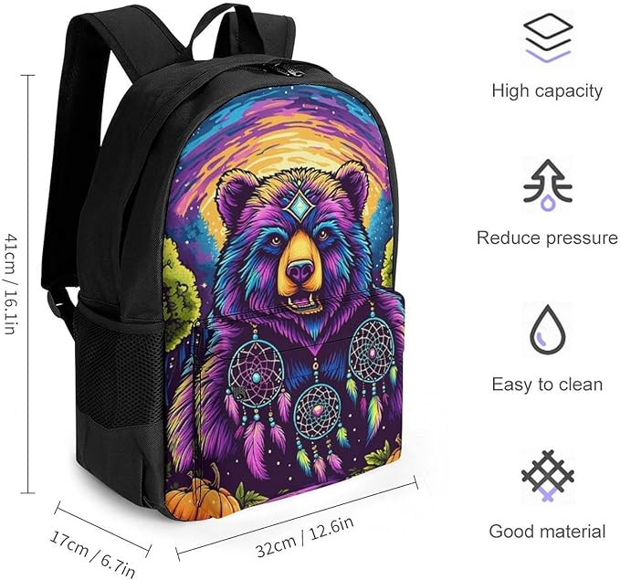Lightweight Rucksacks for Camping Picnic Walking Cycling, Large Capacity Multipurpose Anti-Theft Carry On Bag, Bear Natural Landscape Psychedelic Mysterious Dreamy Art Travel Hiking Camping Rucksack