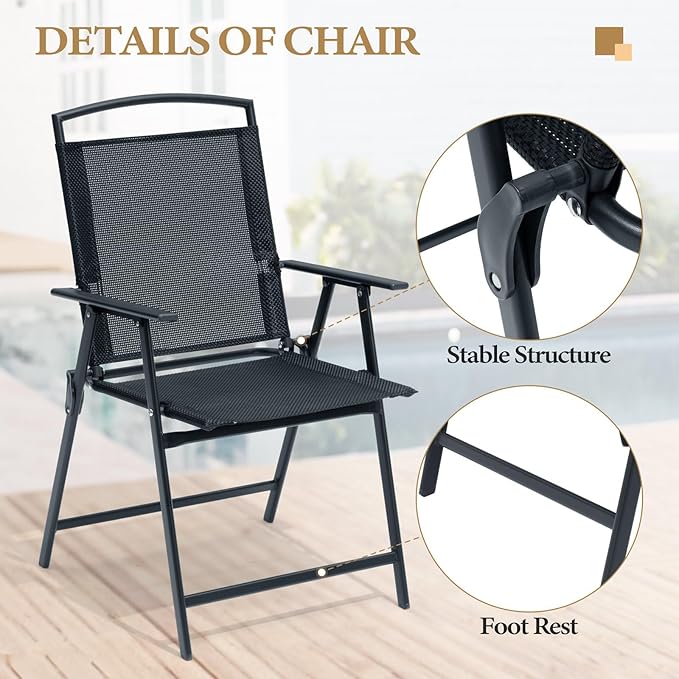 Crestlive Products Patio Folding Chairs Set of 4, Outdoor Folding Chairs with Durable Rust-Resistant Frame and Breathable Textilene Material for Outside, Black
