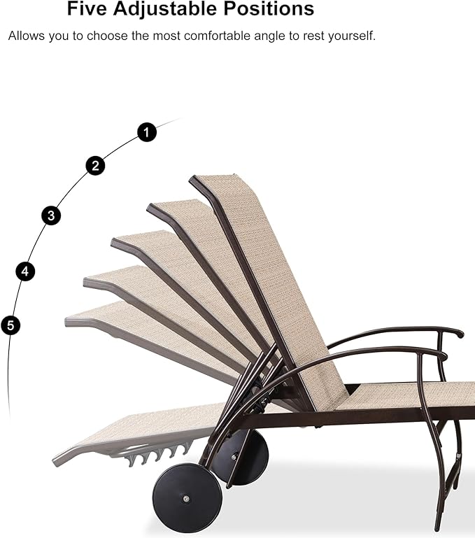 PURPLE LEAF Outdoor Chaise Lounge Chair Set of 3 Patio Pool Lounger Aluminum Chairs with Side Table and Wheels Adjustable Tanning Recliner for Outside Backyard Yard Deck Balcony Beach Khaki
