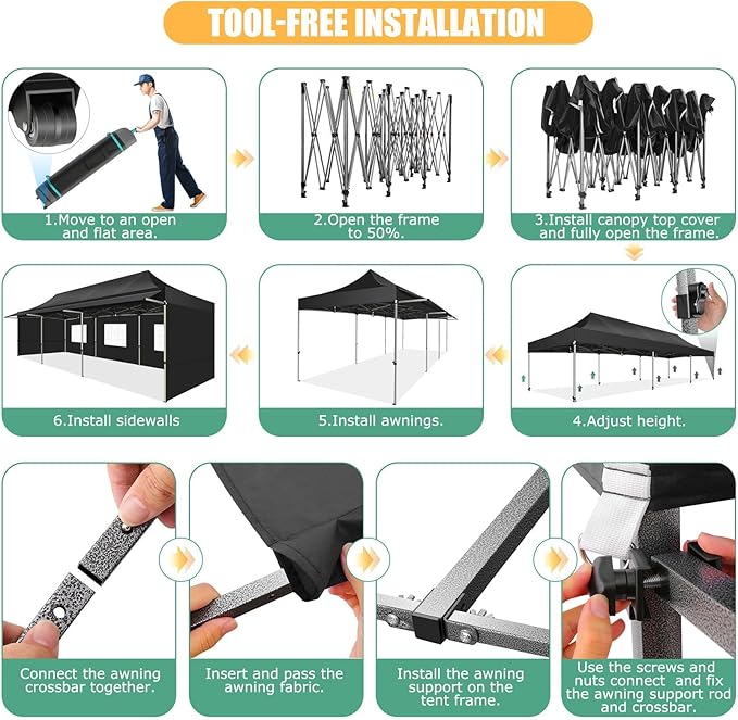COBIZI 10x30 Pop Up Canopy Tent with Awning,Heavy Duty Canopy UPF 50+ All Season Wind Waterproof Commercial Outdoor Street Vendors Party Tents for Parties Gazebo with Roller Bag(10 x 30 ft Black)