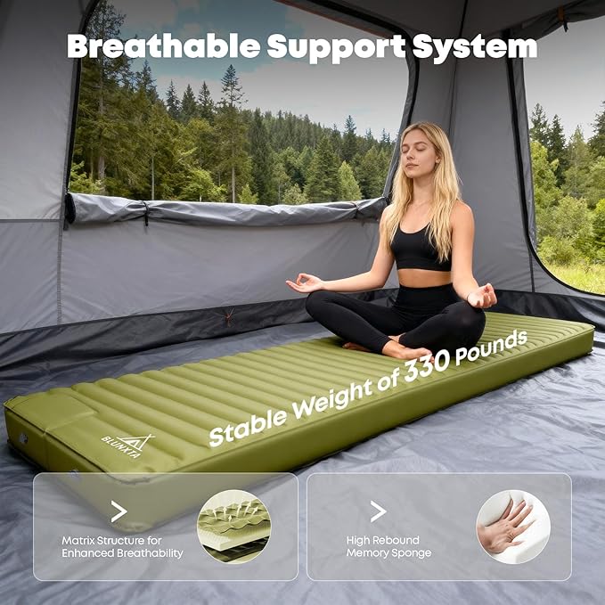 Self Inflating Sleeping Pad with Foot Pump, 2 Inch Thick Memory Foam Camping Pad, Quick Inflation Air Mattress for Camping, Hiking, Car Travel, and Outdoor Adventures, Green