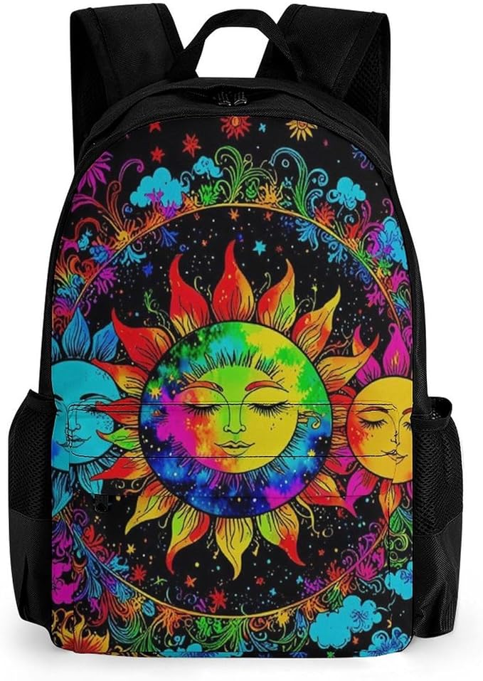 Supdreamc Polyester Daypack Backpack for Trekking Picnic Walking Cycling, Large Capacity Anti-Theft Multipurpose Shoulder Bag, Mandala Triple Sun Hippie Trippy Psychedelic Boho Art Casual Daypack