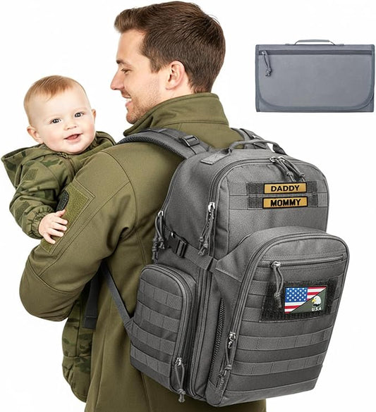 MIRACOL Dad Diaper Bag Military - Tactical Baby Backpack with Changing Pad for Outdoor Baby Care - Water-Resistant Fabric & MOLLE System Ideal for Travel Hiking Parks Grey