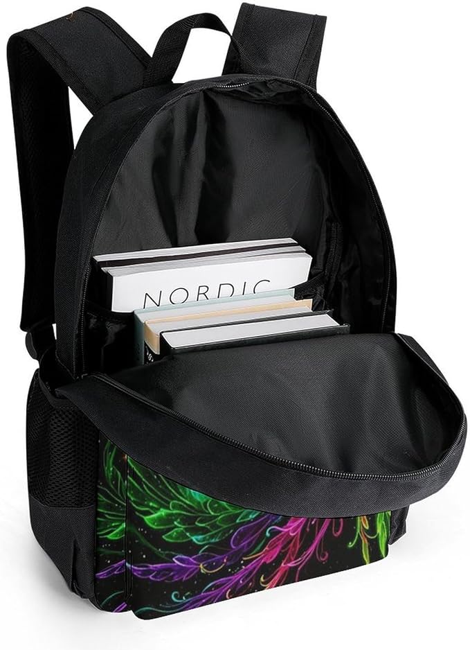 Daypack Bookbag Anti-Theft Multipurpose Large Capacity Bookbag, Colorful Fire Flame Phoenix Black Art Travel Hiking Camping Rucksack With Adjustable Shoulder Straps