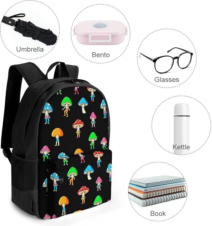 Supdreamc Men Women Polyester Funny Various Mushrooms Gnomes Art Backpack Large Capacity Bookbag With Smooth Zippers for Climbing Picnic Bicycle