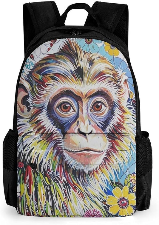 Supdreamc Men Women Polyester Colorful Animal Monkey Flower Casual Daypack Large Capacity Carry On Bag With Adjustable Shoulder Straps for Camping Work Running