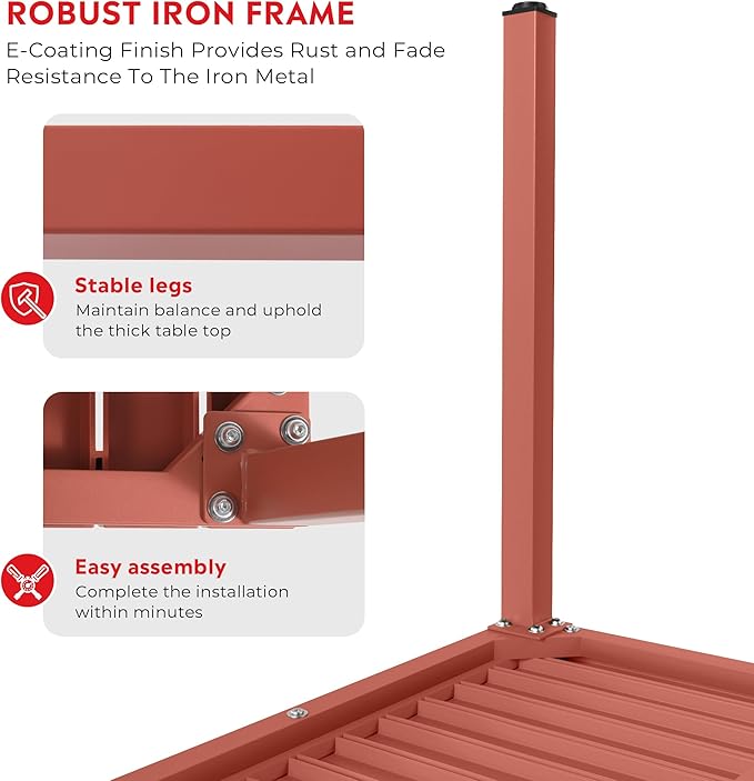 Costaelm Outdoor Dining Table for 4, Square Metal Patio Table, 4-Person Weather Resistant Steel Slat Table for Lawn Garden Backyard, Red