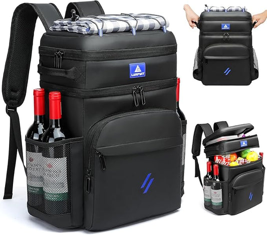 Laripwit Picnic Backpack Cooler Bag - 54 Cans Black Cooler Backpack Insulated Leak-Proof Lunch Backpack with Cooler Compartment Large Double Deck Soft Cooler Bag for Beach,Camping,Travel