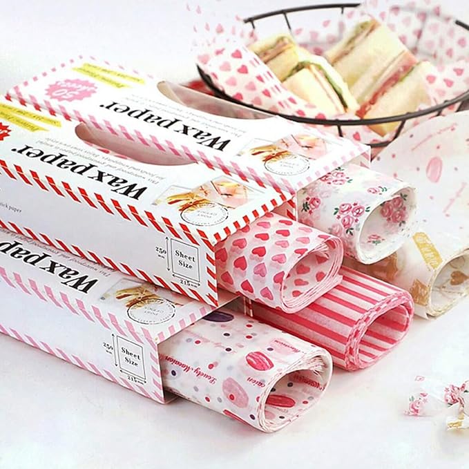 Wax Paper,50 sheets Grease Proof Paper,Waterproof Dry Hamburger Paper Liners Wrapping Tissue for Plastic Food Basket for Baking Grilling Air Fryer Steaming Bread Cake Cookie(Red stripes)