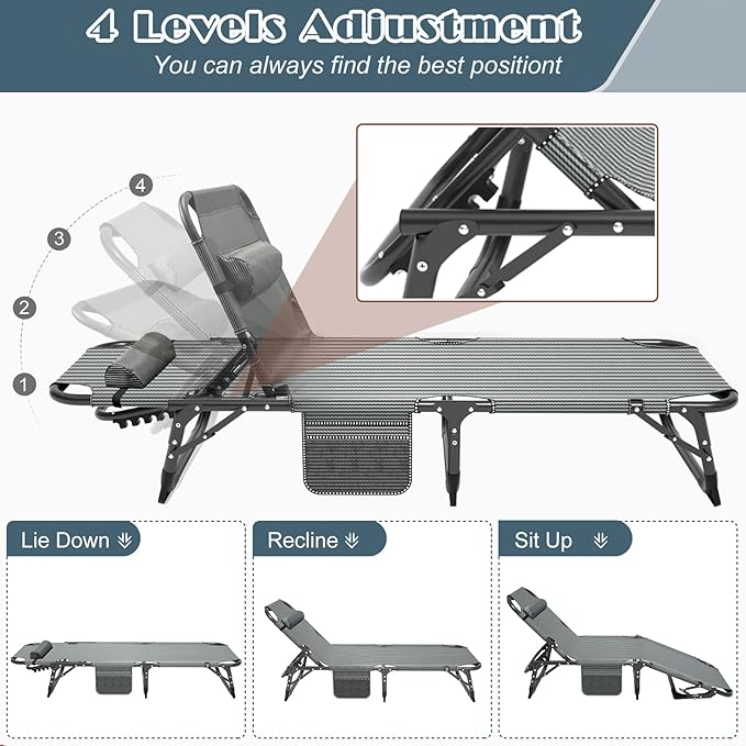 LILYPELLE Lounge Chair with Mattress, Heavy Duty Outside Lounge Chair Outdoor Portable Folding Lounge Chairs Sleeping Cots Bed for Camping, Pool, Beach, Patio