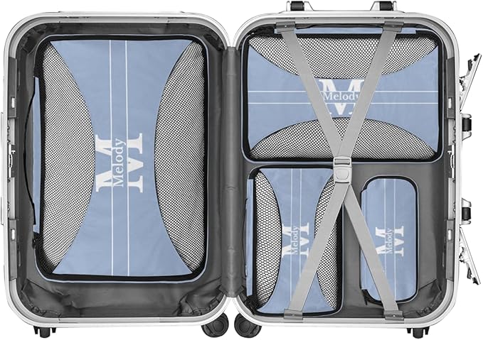 Custom Name Compression Packing Cubes Luggage Organizer Bags for Travel, Double Zipper Packing Cubes for Suitcases, Dark Sky Blue with Initial Letter