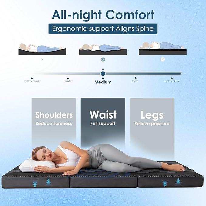 INGEROOM Foldable Mattress Single - Memory Foam 4 inch Trifold Mattress for Camping, with Portable Handle, Non-Slip Folding Floor Bed Sofa for Guest Travel Yoga, Washable Breathable Cover