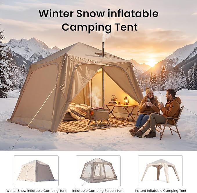 Inflatable Tents for Camping, Blow Up Tent with Hand Pump, Easy Setup Inflatable Hot Tent with Stove Jack, Waterproof Oxford Air Glamping Tents for Camping Adult 4 Person Upgrade Version
