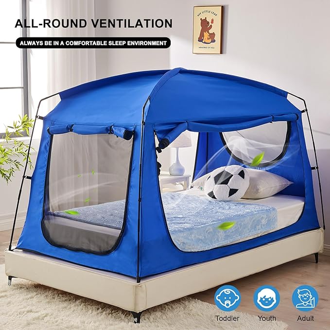 Privacy Sleep Indoor Bed Tent for Adults Kids, Portable Blackout 90% Canopy Tents with 3 Doors Breathable Mesh Windows