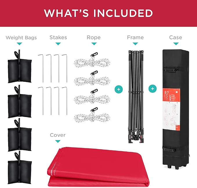 Best Choice Products 12x12ft Pop Up Canopy Tent, Outdoor Shade, 1 Person 1 Minute Set Up, Carry Case, 4 Weight Bags - Red