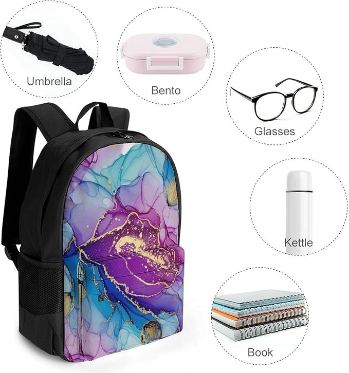 Polyester Daypack Backpack for Trekking Picnic Walking Cycling, Large Capacity Anti-Theft Multipurpose Shoulder Bag, Purple Gold Marble Casual Daypack
