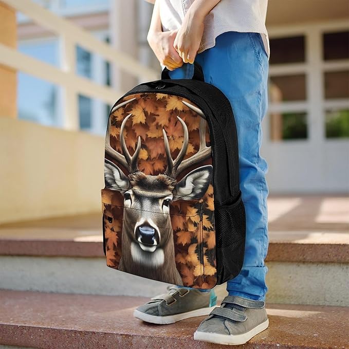 Supdreamc Men Women Polyester Fall Maple Leaves Hunting Camo Tree Deer Backpack Large Capacity Bookbag With Smooth Zippers for Climbing Picnic Bicycle
