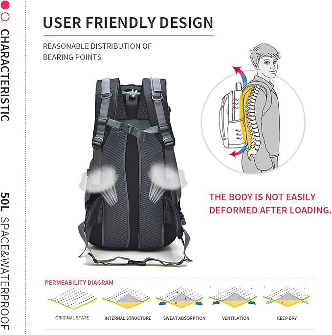 Bseash 50L Hiking Backpack, Water Resistant Lightweight Outdoor Sport Daypack Travel Bag for Camping Climbing Skiing Cycling (Lake Green - No Shoe Compartment)