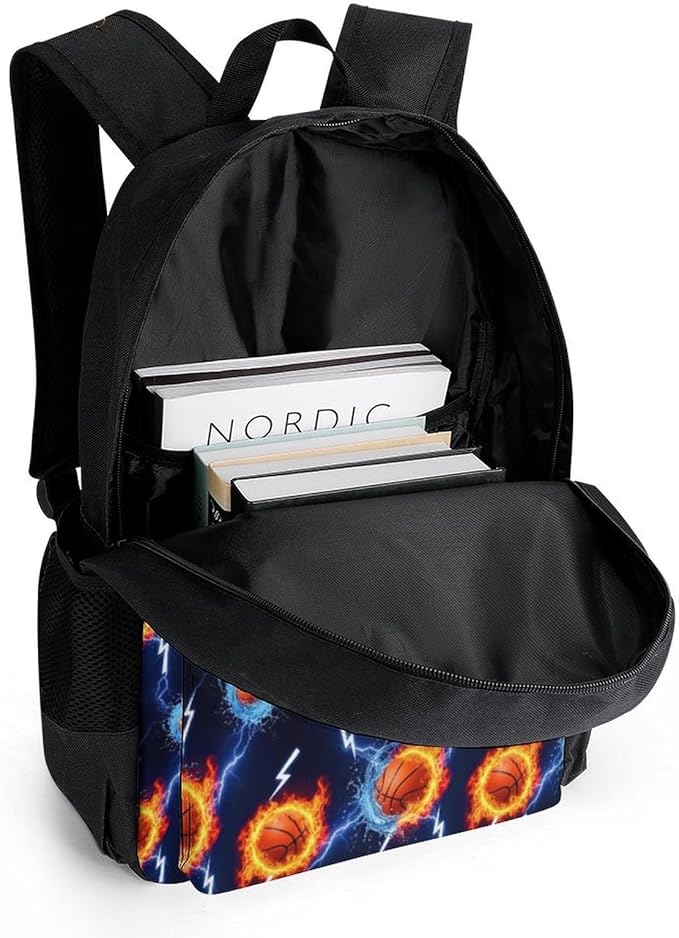 Backpack Lightweight Anti-Theft Multipurpose Water Fire Flame Basketball Print Black Shoulder Bag Large Capacity Travel Hiking Backpack With Padded Straps
