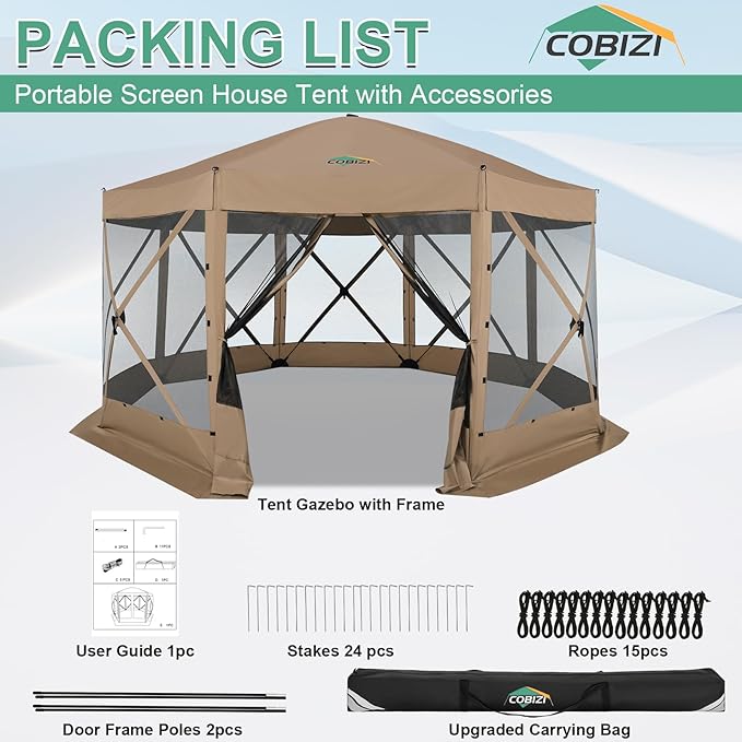 COBIZI 15x15 FT Pop Up Gazebo - Canopy Tent, Large Gazebos On Clearance with Sidewalls, Screened in Gazebo,carpas para Patio,Portable Screen Tents for 12-15 Persons Outdoor Camping, Backyard,Khaki