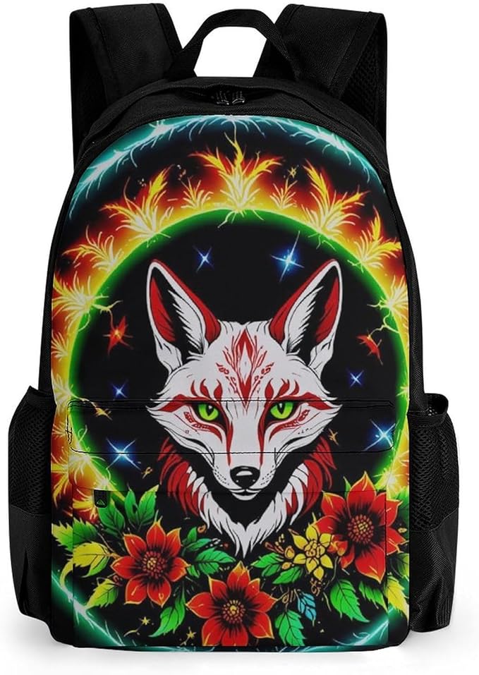 Daypack Anti-Theft Multipurpose Large Capacity Shoulder Bag, Blue Green Red Fire Flame Dragon Fox Kitsune Black Art Travel Hiking Camping Rucksack With Smooth Zippers