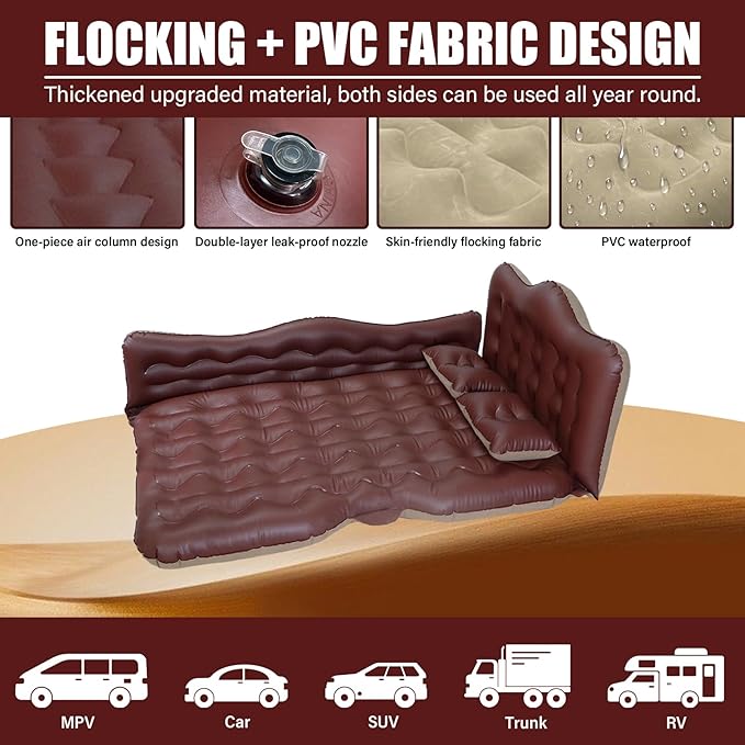 Car Air Mattress for SUV & Camping – Inflatable Backseat Mattress Bed with 2 Pillows Thickened Portable Sleeping Pad for Travel, Home, Trucks, RV – Soft Flocking + PVC Surface (Brown)