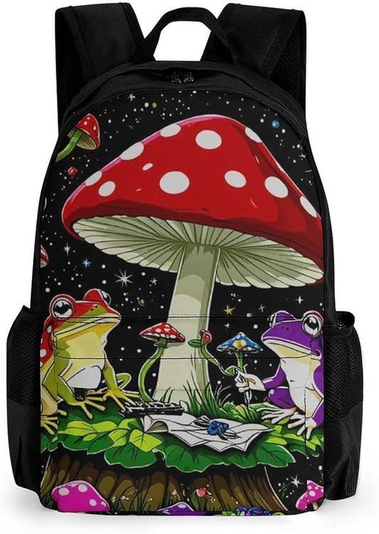 Rucksack Multipurpose Anti-Theft Big Capacity Shoulder Bag, Psychedelic Mushroom Trippy Magic Frog Art Travel Hiking Camping Rucksack With Side Pockets