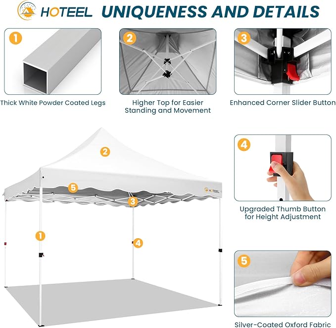 HOTEEL 10x10 Pop Up Canopy, Easy Setup Party Tent with Carry Bag, Weight Bag, Outdoor Portable Event Shelter for Backyard, Market, White