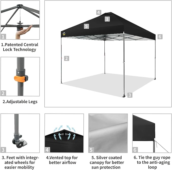 CROWN SHADES Adjustable Height on The Fly, 10x10 Pop Up Canopy - Beach Tent with One Push Setup - Easy Outdoor Sun Shade for Events, Parties, Camping - Outside Shade with STO-N-Go Bag, Black