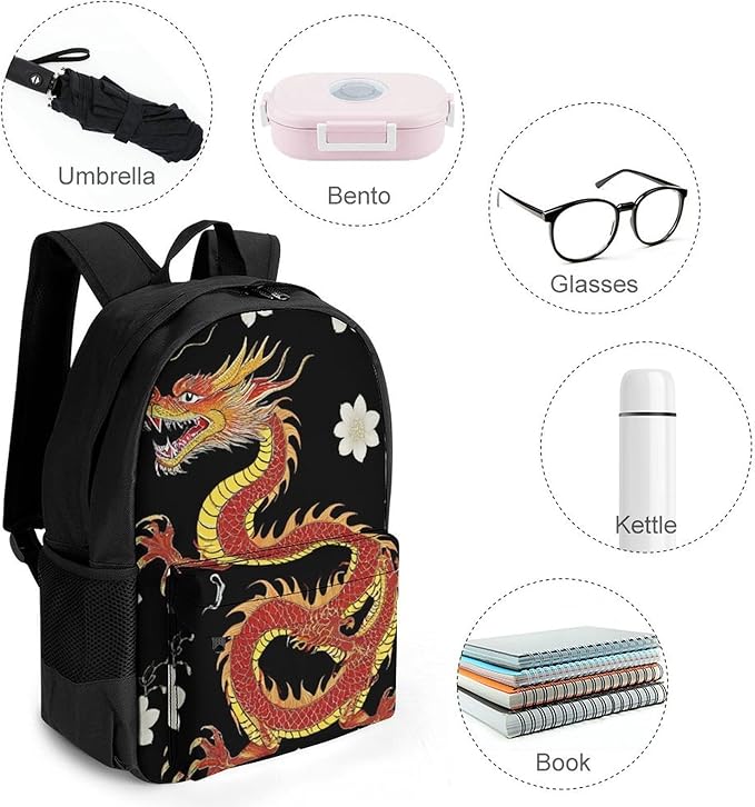 Supdreamc Men Women Polyester Floral Chinese Japanese Dragon Flower Daypack Big Capacity Shoulder Bag With Adjustable Shoulder Straps for Camping Travel Walking Cycling