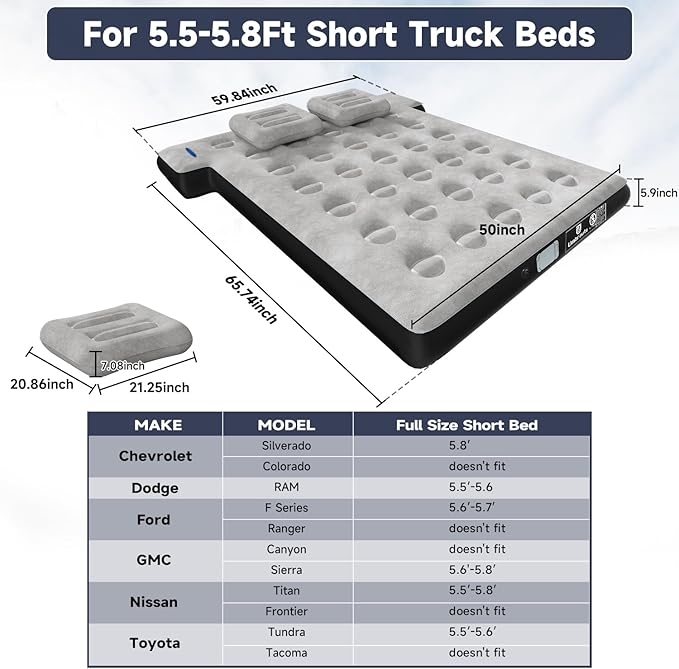 Umbrauto Truck Air Mattress for 5.5-5.8ft Full Size Truck Bed, Inflatable Pickup Airbed with Wireless Rechargeable Pump for Outdoor Travel