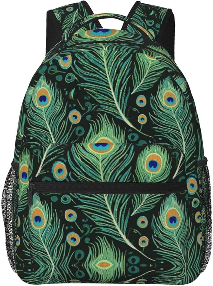 Men Women Lightweight Chic Animal Beautiful Peacock Feather Green Art Backpack Large Capacity Bookbag With Smooth Zippers for Gym Business Running