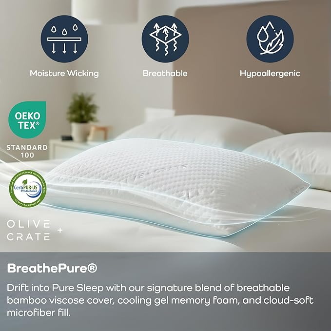 Olive + Crate BreathePure® Adjustable Loft Shredded Memory Foam Pillow - Queen Size - Cooling Pillow, Hypoallergenic Bed Pillows, CertiPUR-US Certified Foam, Ideal for Back, Stomach and Side Sleeper