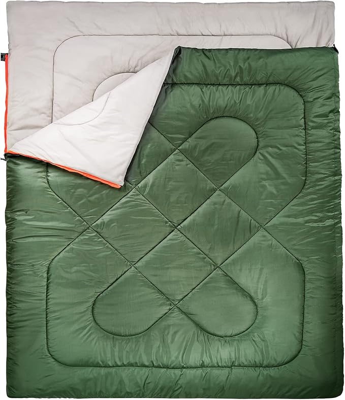 Amazon Basics 40°F Cold Weather Two-Person Sleeping Bag for Outdoor Camping, Queen Size XL, 87" x 59", Olive Green